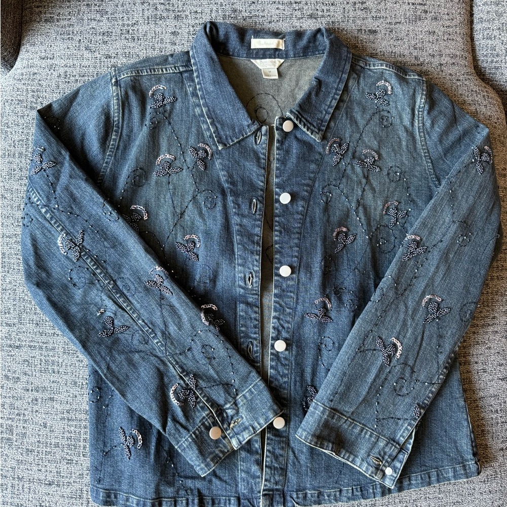 Christopher & Banks Blue Jean Jacket with Embroidered Details
